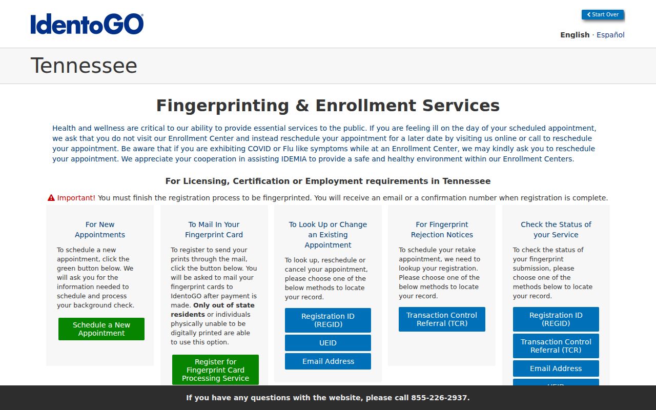 Tennessee IdentoGO fingerprint appointment landing page