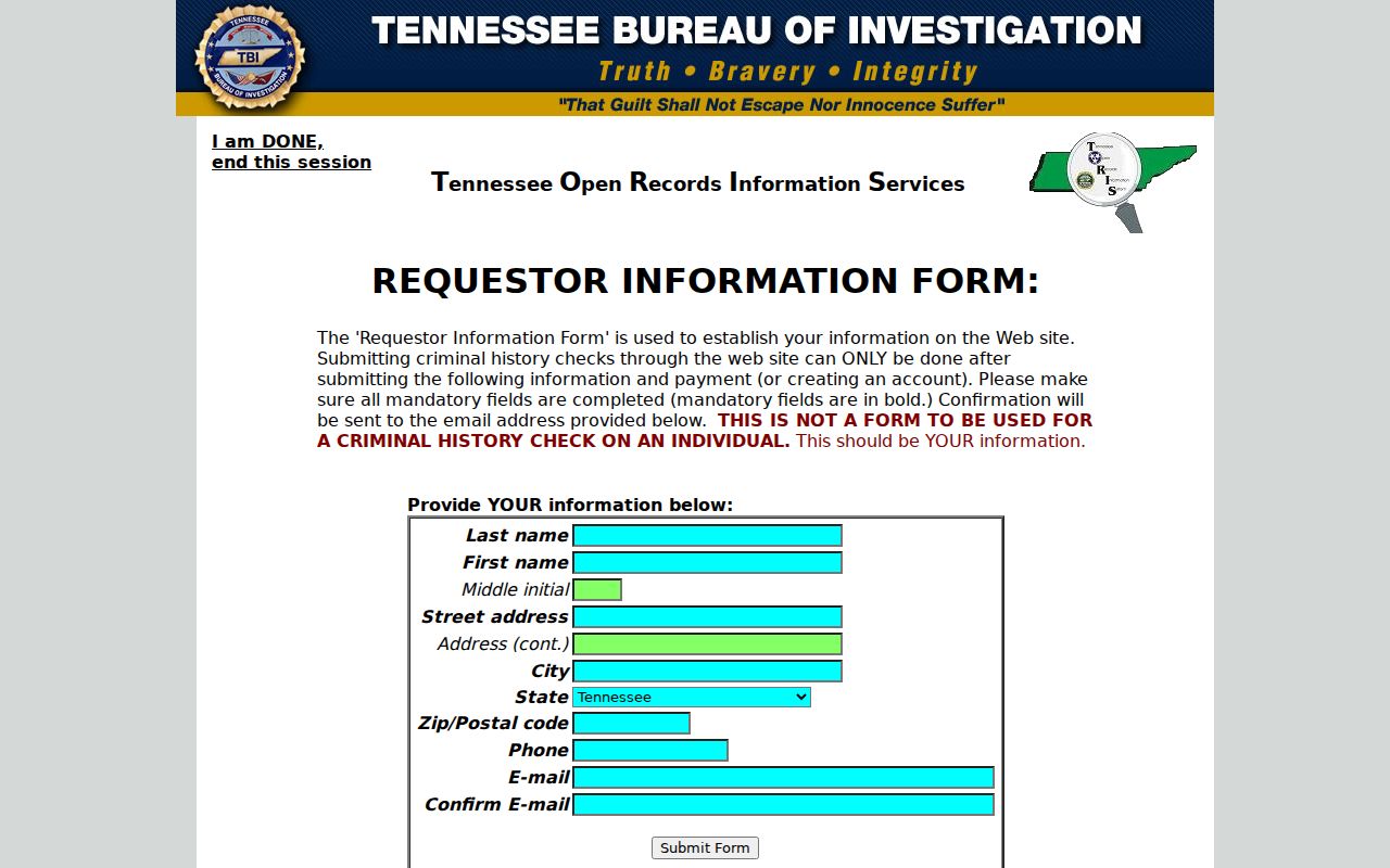 TN-FlexCheck requester information fields for a Tennessee record check