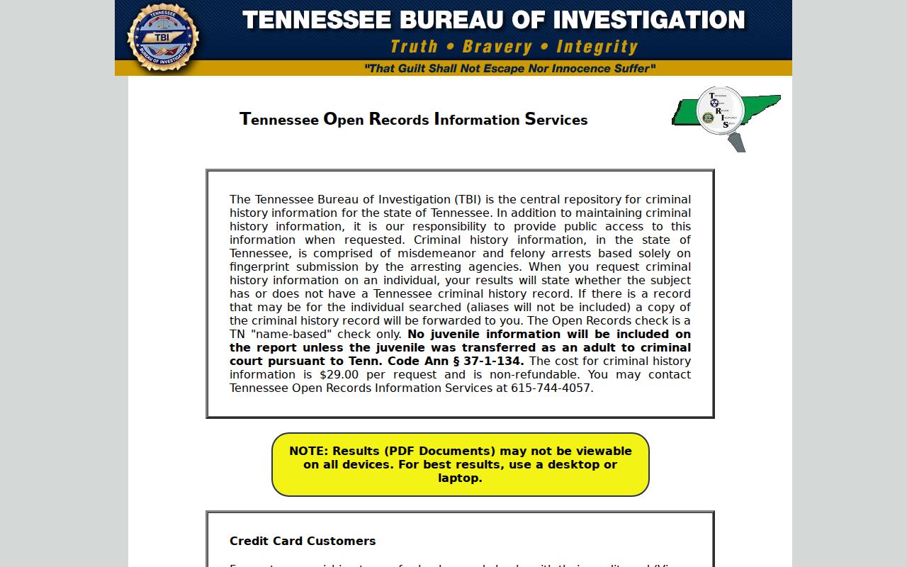 TBI TORIS public Tennessee criminal history check landing screen